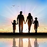 Happy Family with children walking at sunset time N2