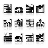 Twelve building silhouettes