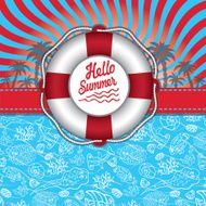 Summer design template Funny Sea Life ribbon lifebuoy palm N2