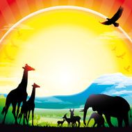 African Giraffes Elephants and Antelopes silhouettes safari against Kilimanjaro N2
