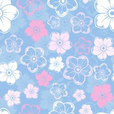 Vector seamless pattern with white and pink flowers on blue