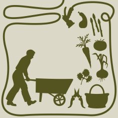 Man with wheelbarrow and gardening silhouettes