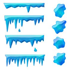 blue icicles and frozen puddles
