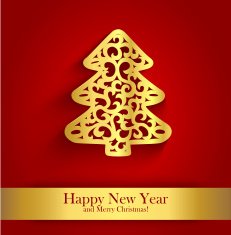 New Year greeting card with gold silhouette of Christmas tree