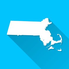 Massachusetts Map on Blue Background Long Shadow Flat Design