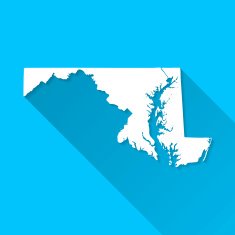 Maryland Map on Blue Background Long Shadow Flat Design