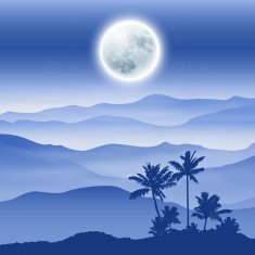 Background with fullmoon palm tree and mountains in the fog