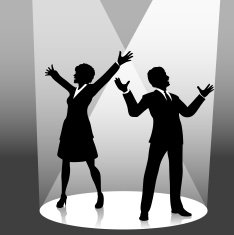 Man & Woman Business People Silhouettes on Stage Spotlight