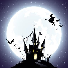 Haunted castle with flying witch