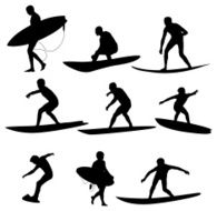Multiple images of a surfer with surfboard