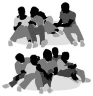 Multiple silhouttes of friends sitting on beanbag