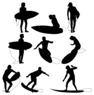 Multiple images of surfers surfing