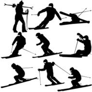 Set mountain skier speeding down slope Vector sport silhouett