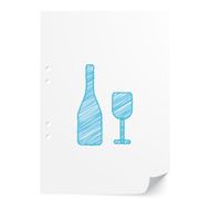 Blue handdrawn Wine illustration on white paper sheet with copy