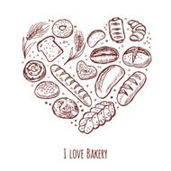 Hand drawn bakery doodle set in the shape of heart N2