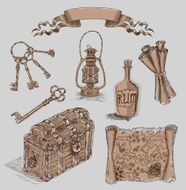 Set with old pirate objects engraved illustration
