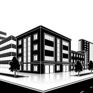 silhouette office building with an entrance and reflection N24