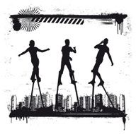 theater actors on stilts with city background