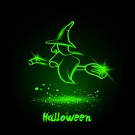 Halloween glowing neon witch on broomstick
