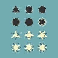 Geometrical shapes icons and buttons set on retro blue background