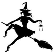 Silhouette witch flying on broom and holding lantern