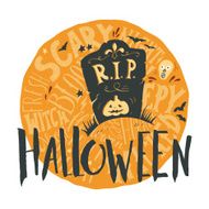 Happy halloween grunge emblem with a headstone and hand letterin