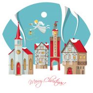 Christmas angel flying over the winter city Merry Christmas