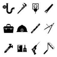 Building Equipment Icons and Construction Tools Symbols Silhouette Isolated Set