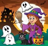 Cute witch and cat with ghosts 1