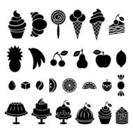 Sweet baked food and fruit silhouettes set