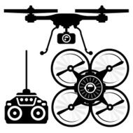 Silhouette of quadcopter and remote control (joystick)