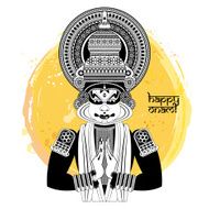 Decorated Indian Kathakali dancer Happy Onam Black and white