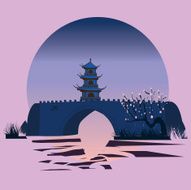 Chinese landscape with cherry blossom