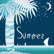 Night summer cover with palm leafs and ocean