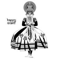 Decorated Indian Kathakali dancer Happy Onam Black and white N2