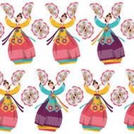 Korean women performing a traditional fan dance Seamless background pattern N2