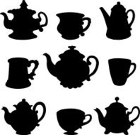 Set isolated icon silhouette teacups and teapots