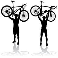 Silhouettes of mountain and road bike cyclists winning the race