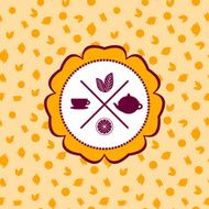 tea icons set with lemon seamless pattern on orange background