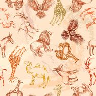 Seamless pattern from sketches of desert animals in warm colors