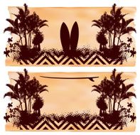 surf grunge label with palms table and hibiscus