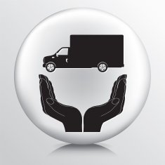 Round Icon With Two Hands Cupping a Freight Truck Silhouette N2