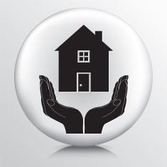 Round Icon With Two Hands Cupping a Residential House Silhouette N2