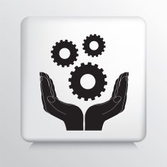Square Icon With Two Hands Cupping Three Cog Gears Silhouette N2