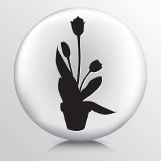 Round Icon with Tulip and Leaves in Pot Black Silhouette