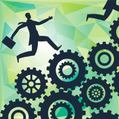 Businessman Running Up A Hill Of Gear