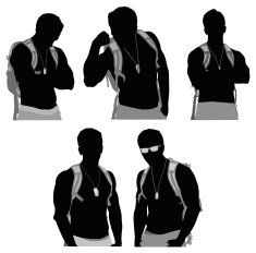 Multiple images of a shirtless man with shoulder bag