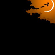 Halloween witch flying on broomstick & moon
