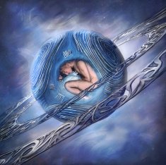 Man in a fetal position inside the Planet