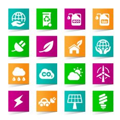 Set of Universal Ecology Icons on Square Colored Buttons